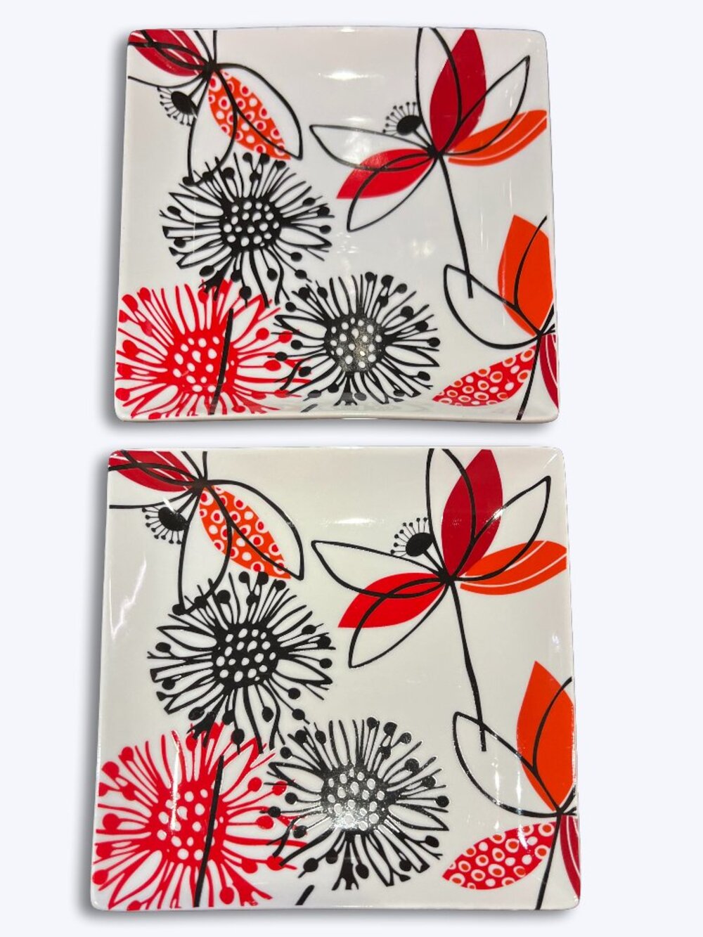 Crate & Barrel Square Salad Plates Red Black Modern Floral Porcelain Set of 2 8"